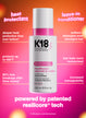 K18 leave-in conditioner bottle with promotional text on a colorful background. Powered by patented resilicore™ tech